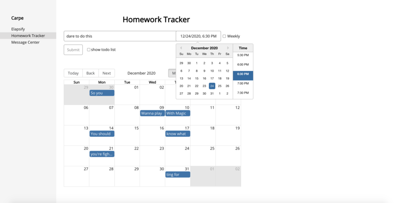 Carpe website with calendar that tasks can be inputted into and taken out of